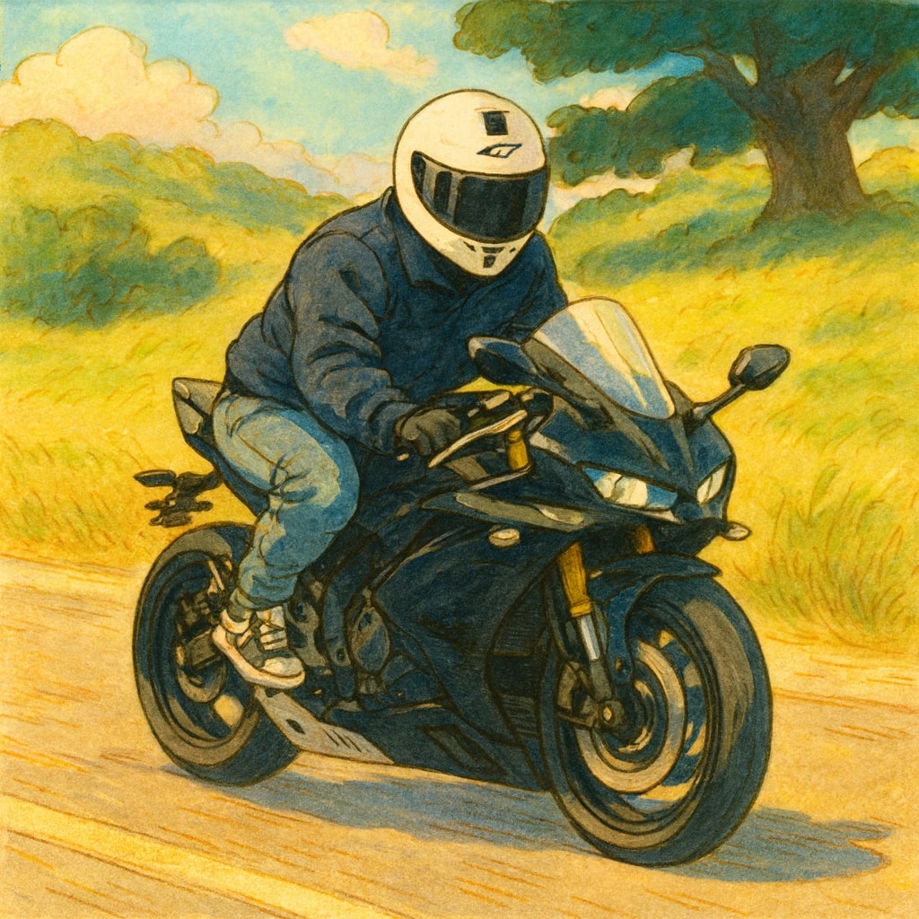Ilustración de Marcos en su moto, en una ruta de campo al atardecer